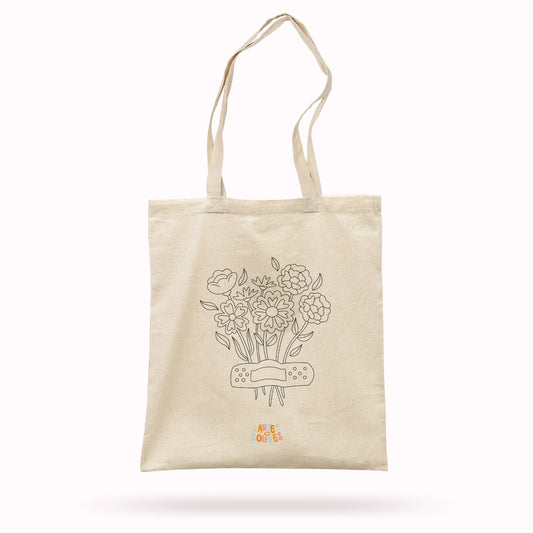 TOTE BAG COLOREABLE - DISEÑO FLORES + SET ACRÍLICOS MIYA 36 COLORES