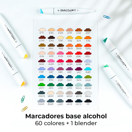 Ohuhu – Set de 60 Marcadores Base Alcohol Kaala B: Mini Pincel + Punta Biselada Fina