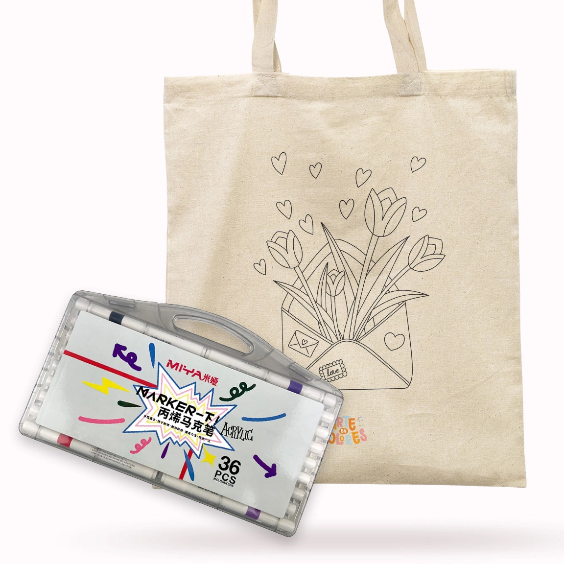 TOTE BAG COLOREABLE - DISEÑO SOBRE + SET ACRÍLICOS MIYA 36 COLORES