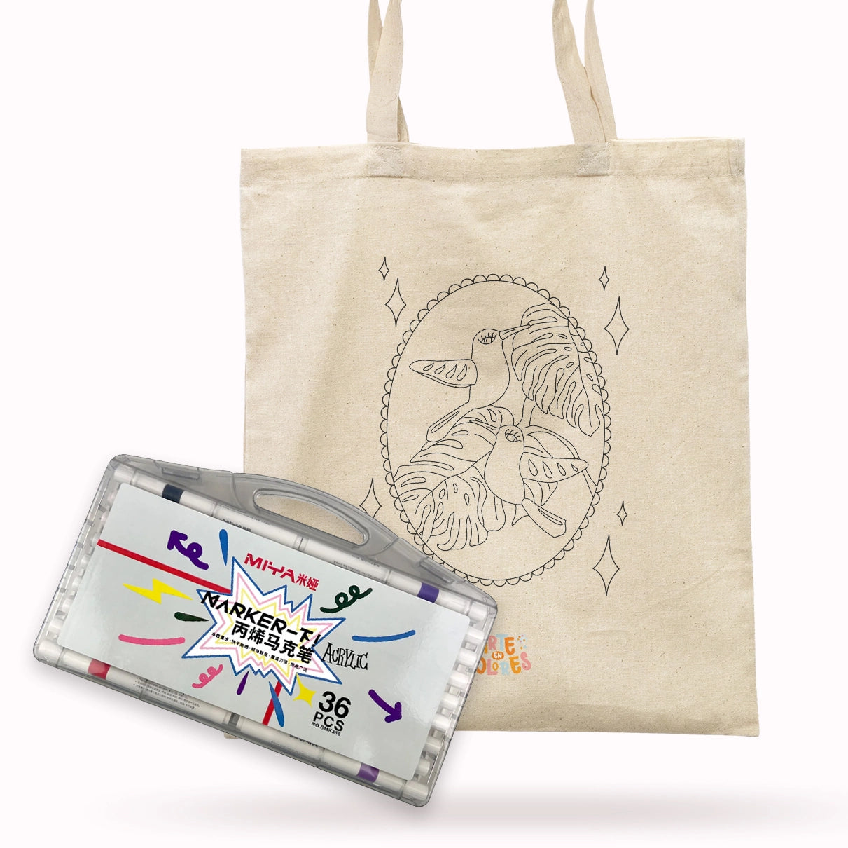 TOTE BAG COLOREABLE - DISEÑO COLIBRÍES + SET ACRÍLICOS MIYA 36 COLORES