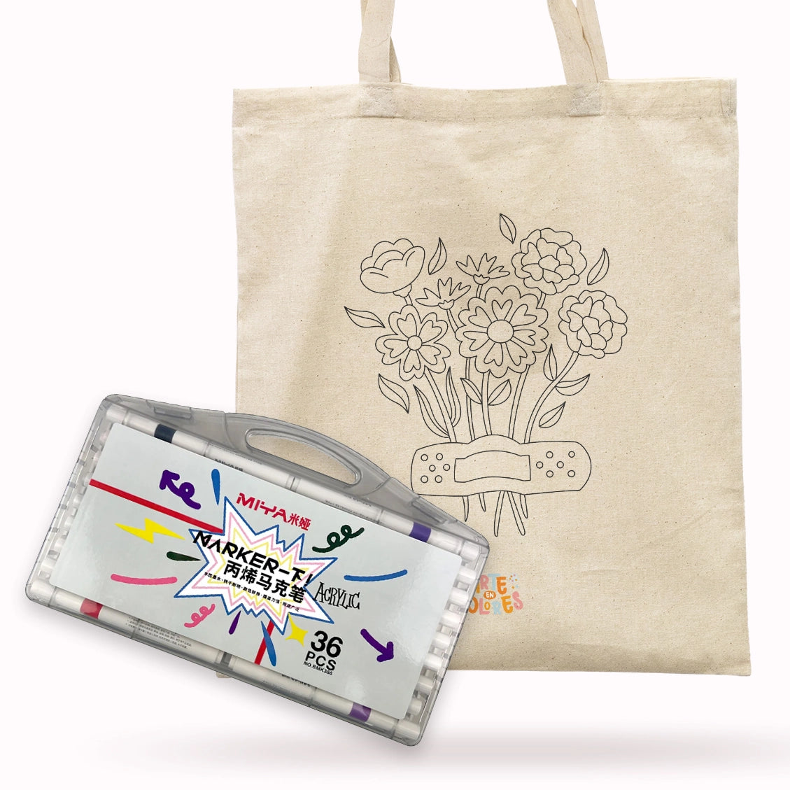 TOTE BAG COLOREABLE - DISEÑO FLORES + SET ACRÍLICOS MIYA 36 COLORES