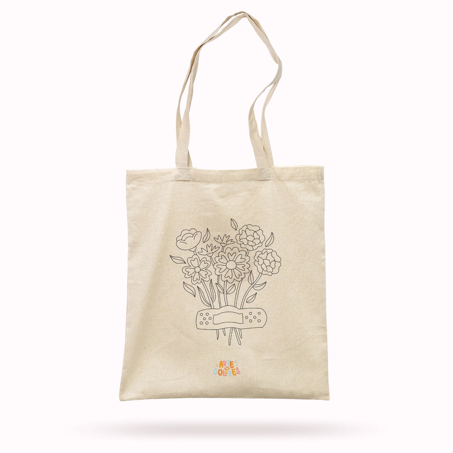 TOTE BAG COLOREABLE - DISEÑO FLORES + SET ACRÍLICOS MIYA DOBLE PUNTA 24 LÁPICES