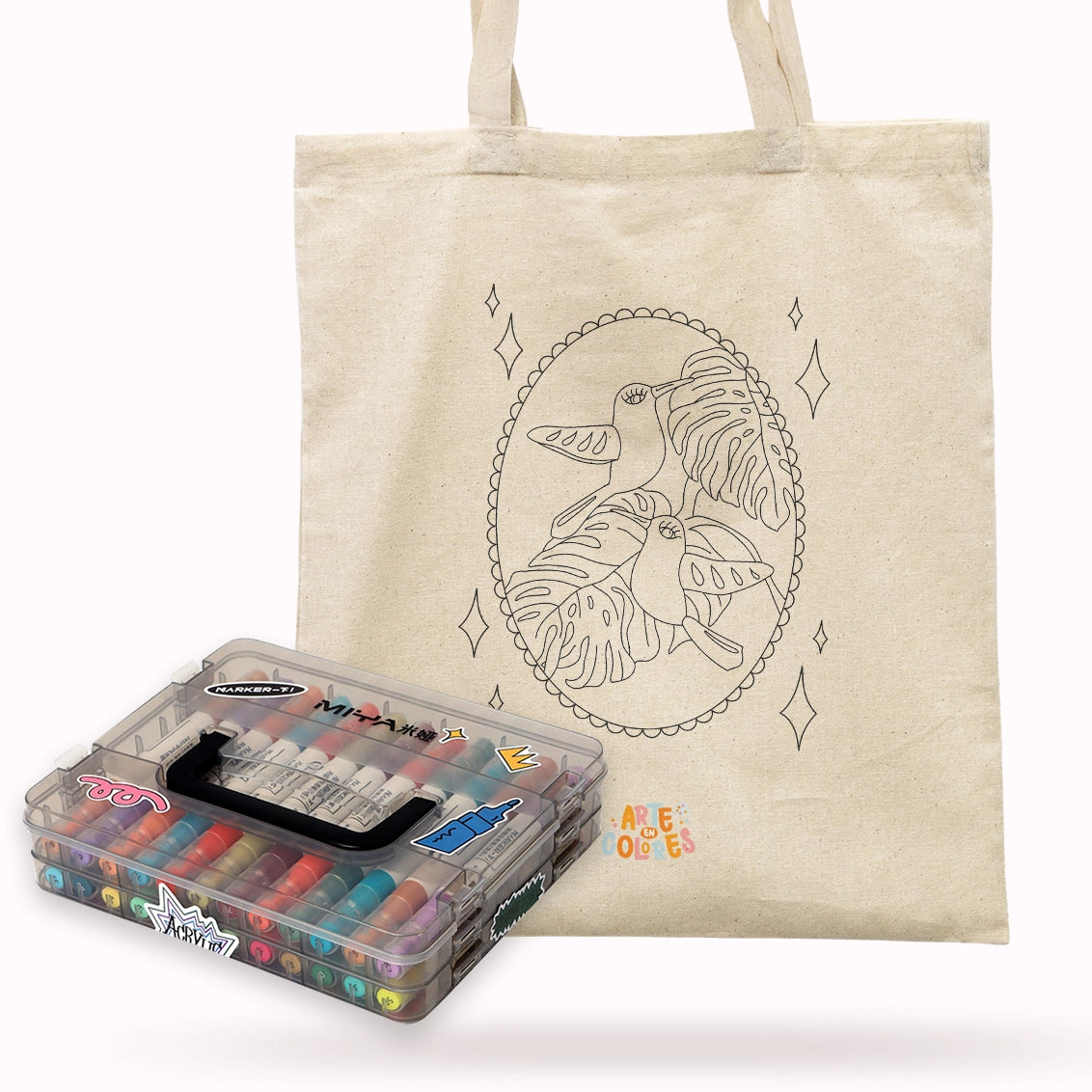 TOTE BAG COLOREABLE - DISEÑO COLIBRÍES + SET ACRÍLICOS MIYA DOBLE PUNTA 24 LÁPICES