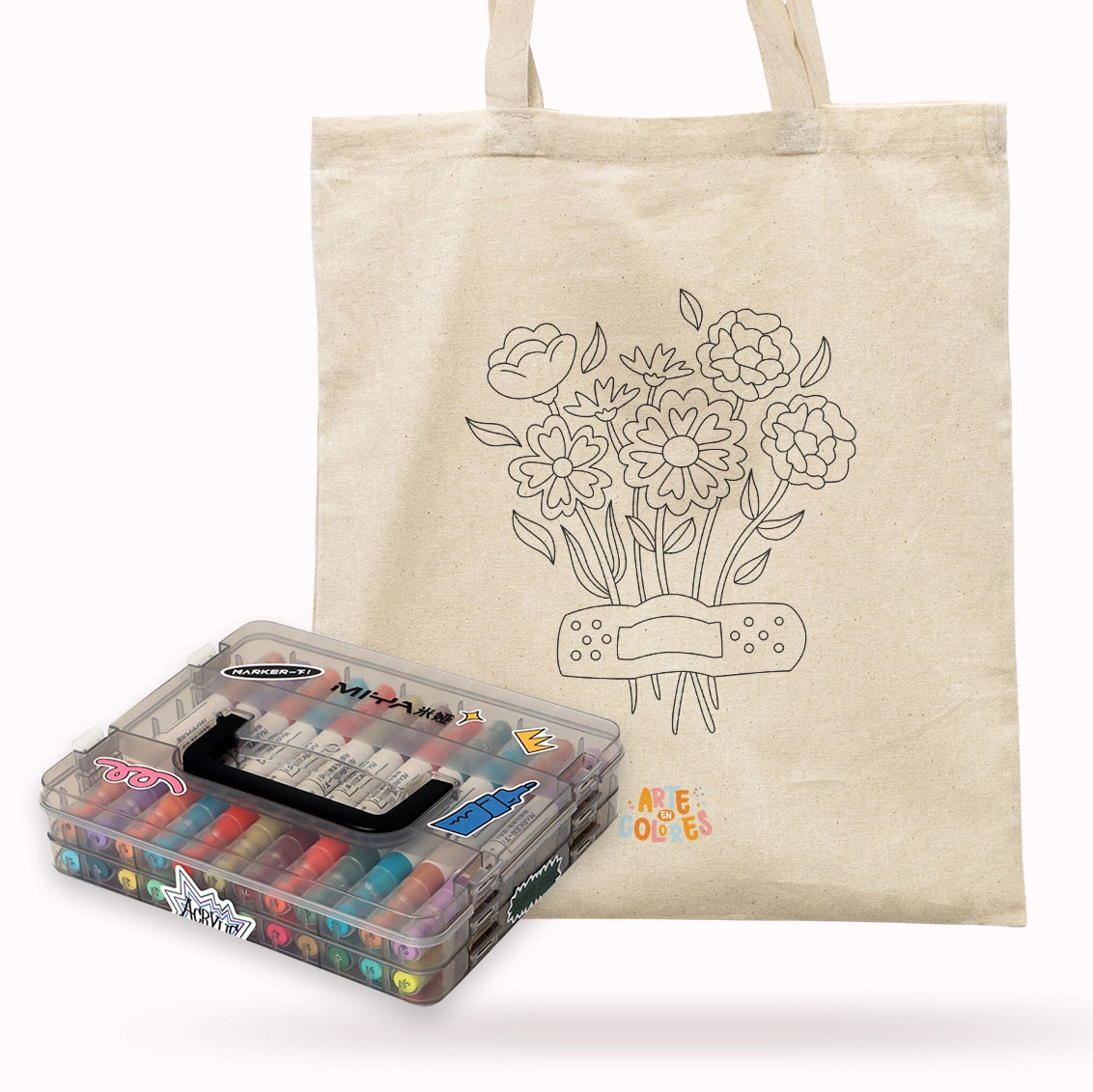 TOTE BAG COLOREABLE - DISEÑO FLORES + SET ACRÍLICOS MIYA DOBLE PUNTA 24 LÁPICES