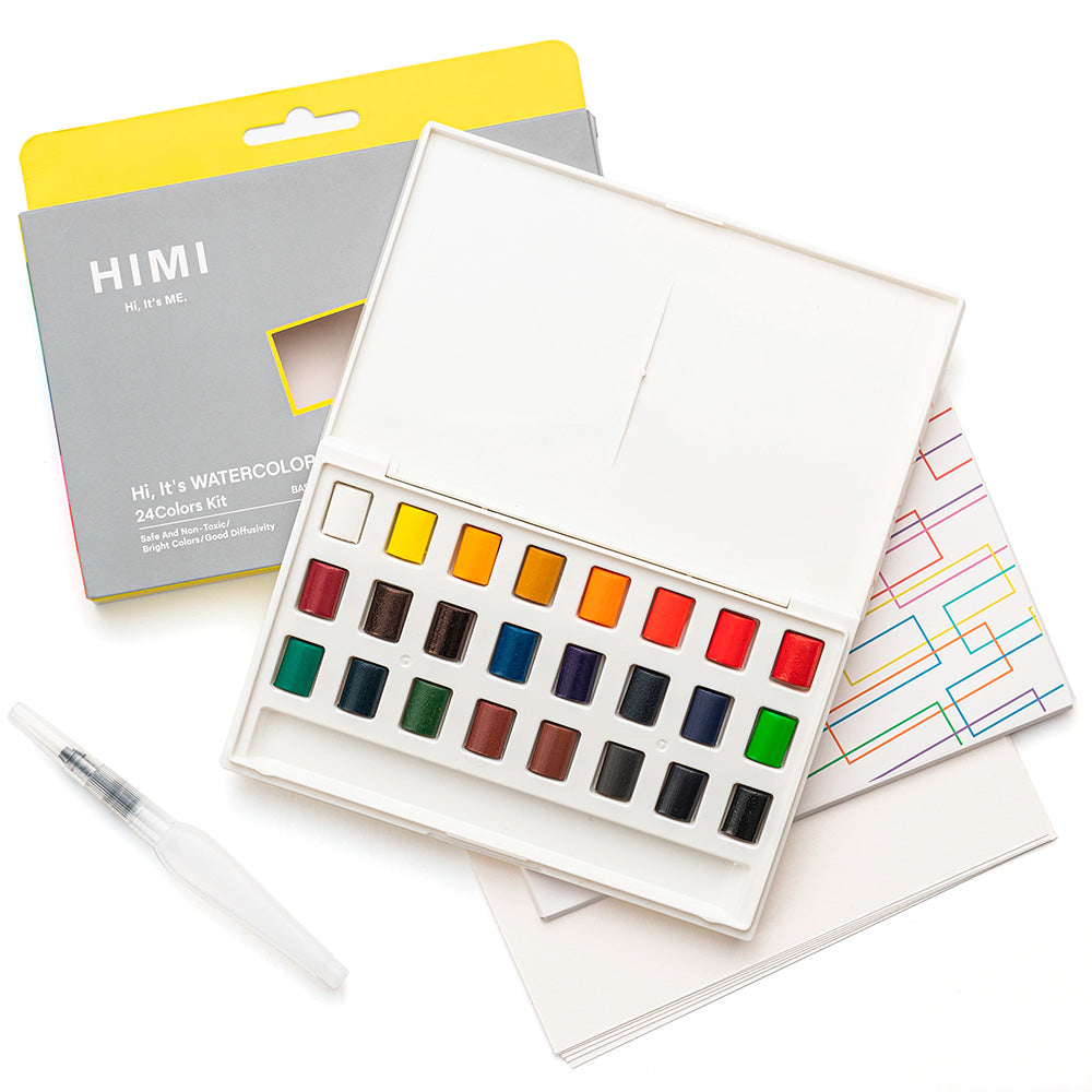 HIMI - Set de acuarela – 24 Colores con Paleta, Pluma y Papeles de Acuarela