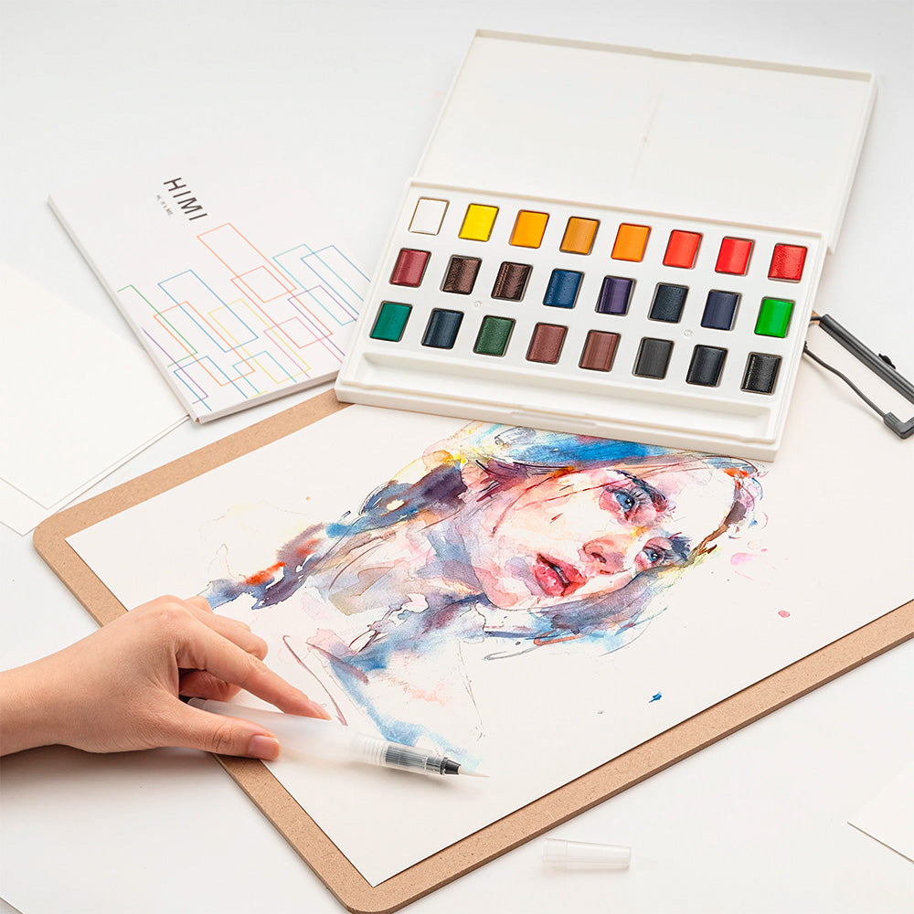 HIMI - Set de acuarela – 24 Colores con Paleta, Pluma y Papeles de Acuarela