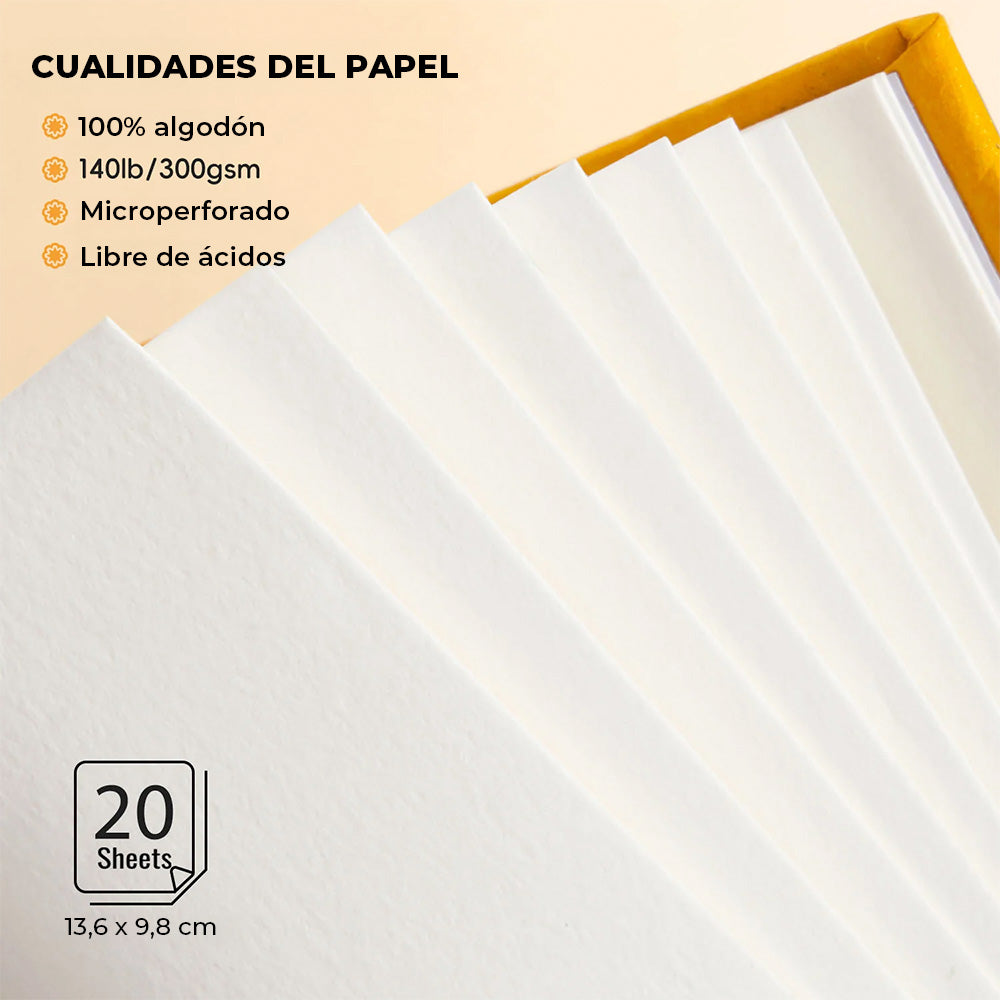 ARRTX – Cuaderno de Bocetos para Acuarela, 20 Hojas 300 gr, 100 % Algodón, Tapa Dura