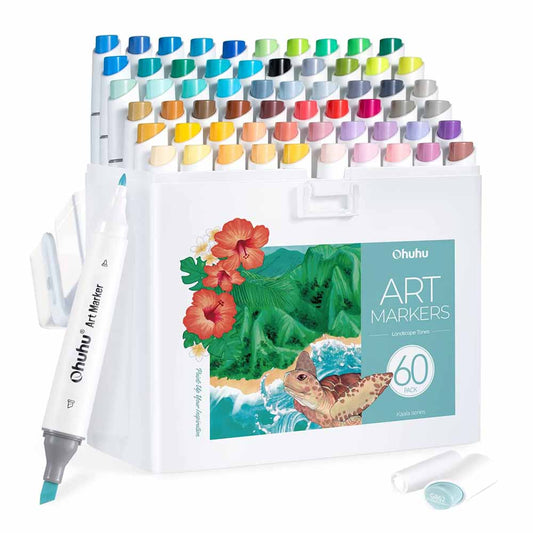 Ohuhu – 60 Marcadores de Alcohol (Tonos Paisaje) + Blender, Punta Fina y Biselada Delgado