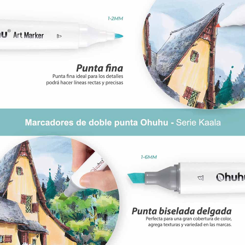 Ohuhu – 60 Marcadores de Alcohol (Tonos Paisaje) + Blender, Punta Fina y Biselada Delgado
