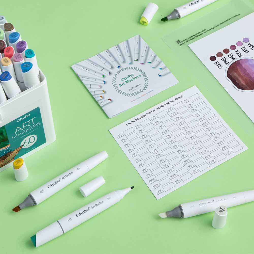 Ohuhu – 60 Marcadores de Alcohol (Tonos Paisaje) + Blender, Punta Fina y Biselada Delgado