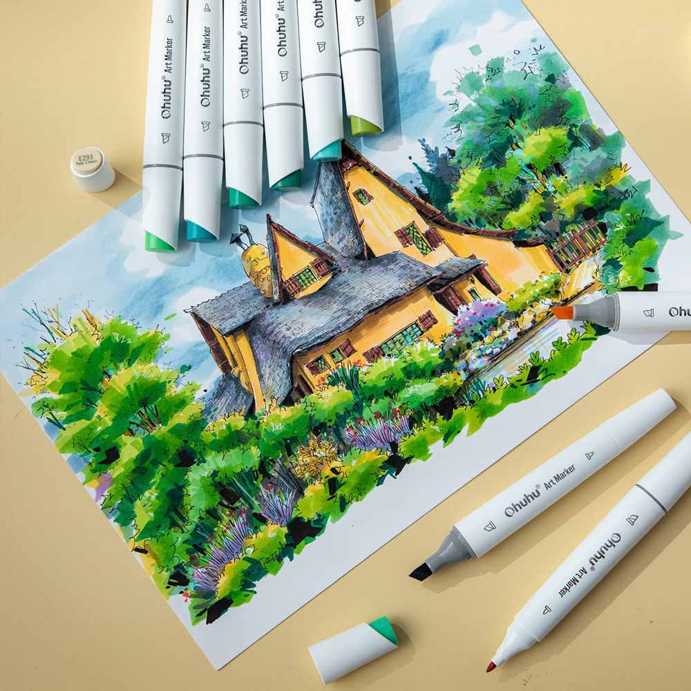 Ohuhu – 60 Marcadores de Alcohol (Tonos Paisaje) + Blender, Punta Fina y Biselada Delgado