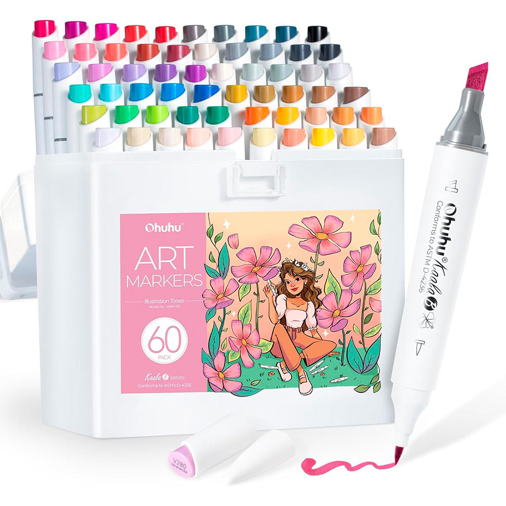 Ohuhu – Set de 60 Marcadores Base Alcohol Kaala B: Mini Pincel + Punta Biselada Fina