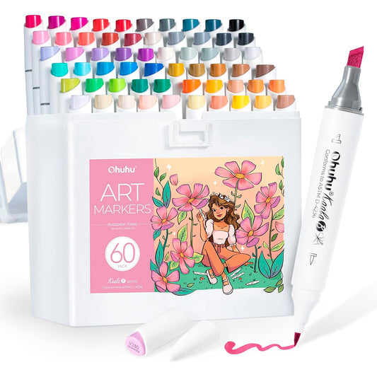 Ohuhu – Set de 60 Marcadores Base Alcohol Kaala B: Mini Pincel + Punta Biselada Fina