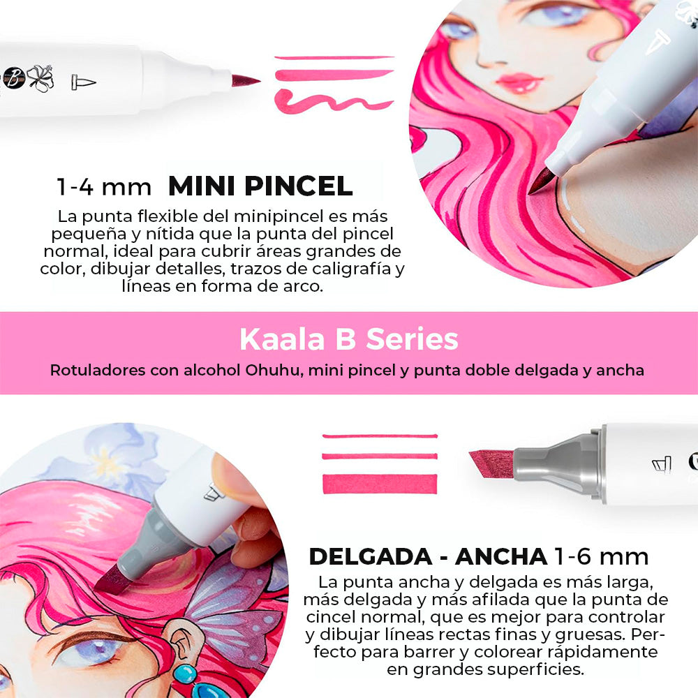 Ohuhu – Set de 60 Marcadores Base Alcohol Kaala B: Mini Pincel + Punta Biselada Fina