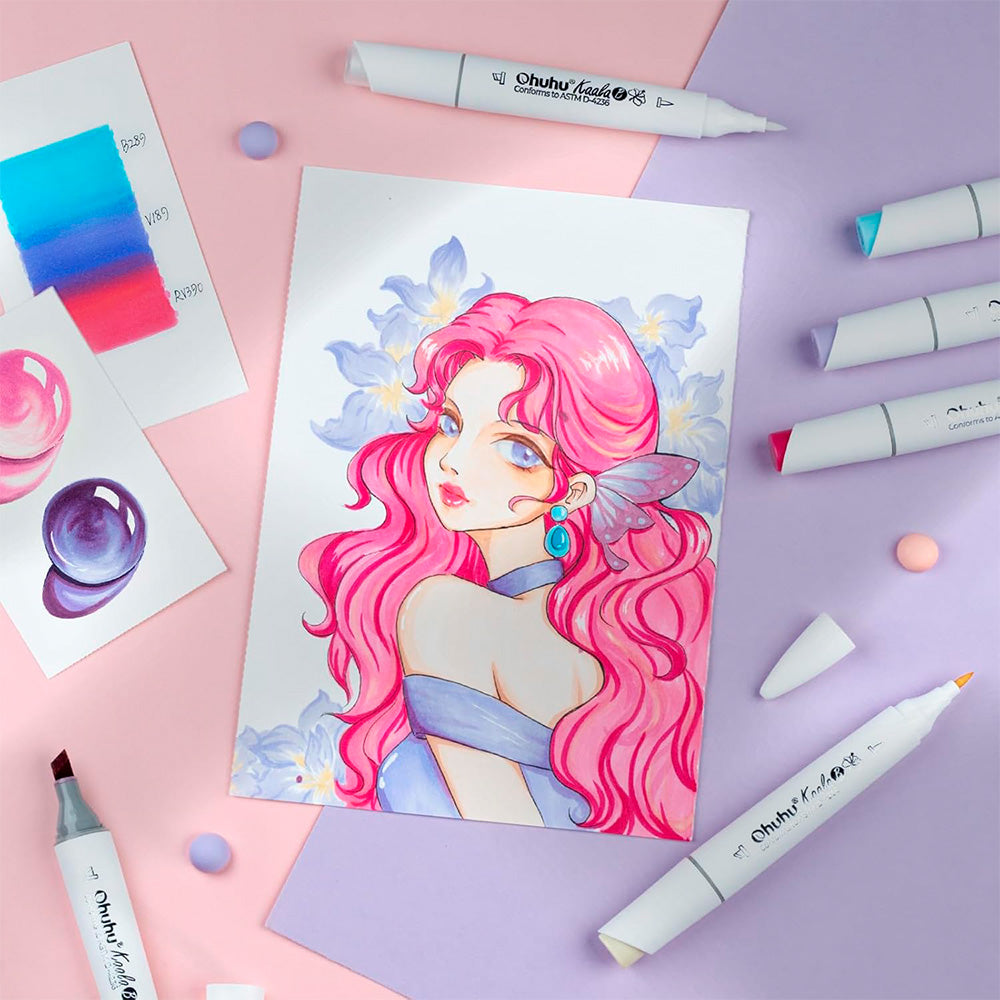 Ohuhu – Set de 60 Marcadores Base Alcohol Kaala B: Mini Pincel + Punta Biselada Fina