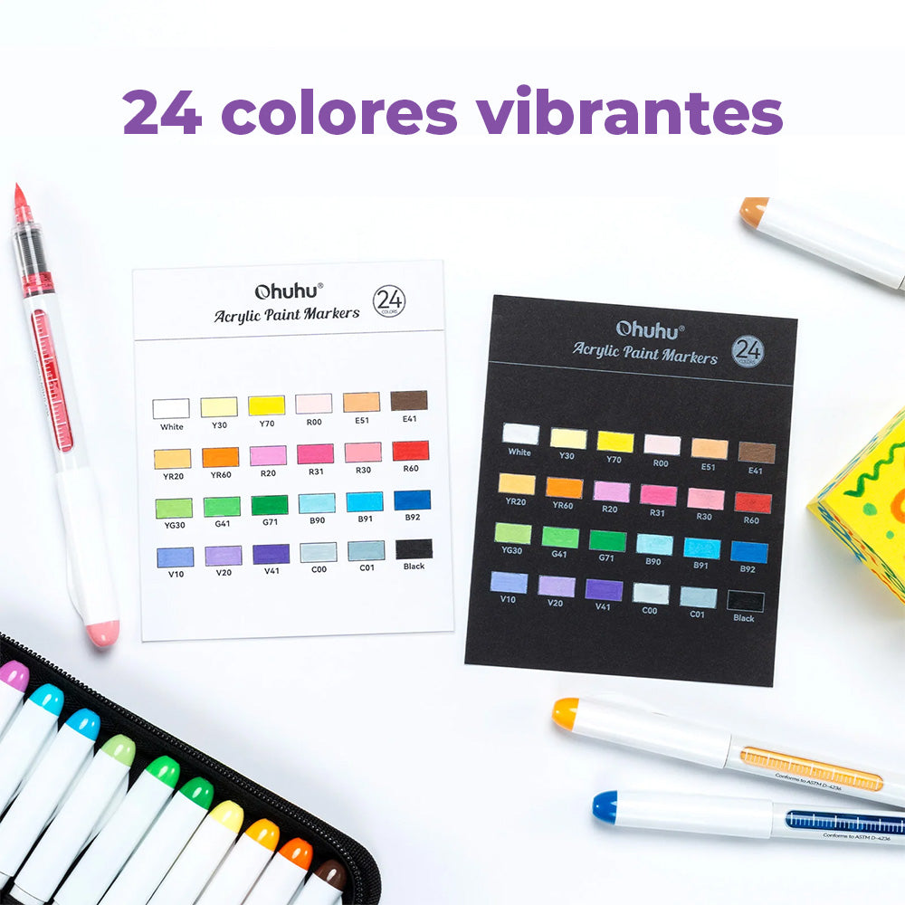 Ohuhu – Set de 24 Marcadores Acrílicos con Punta Pincel, Colores Vibrantes y Multisuperficie