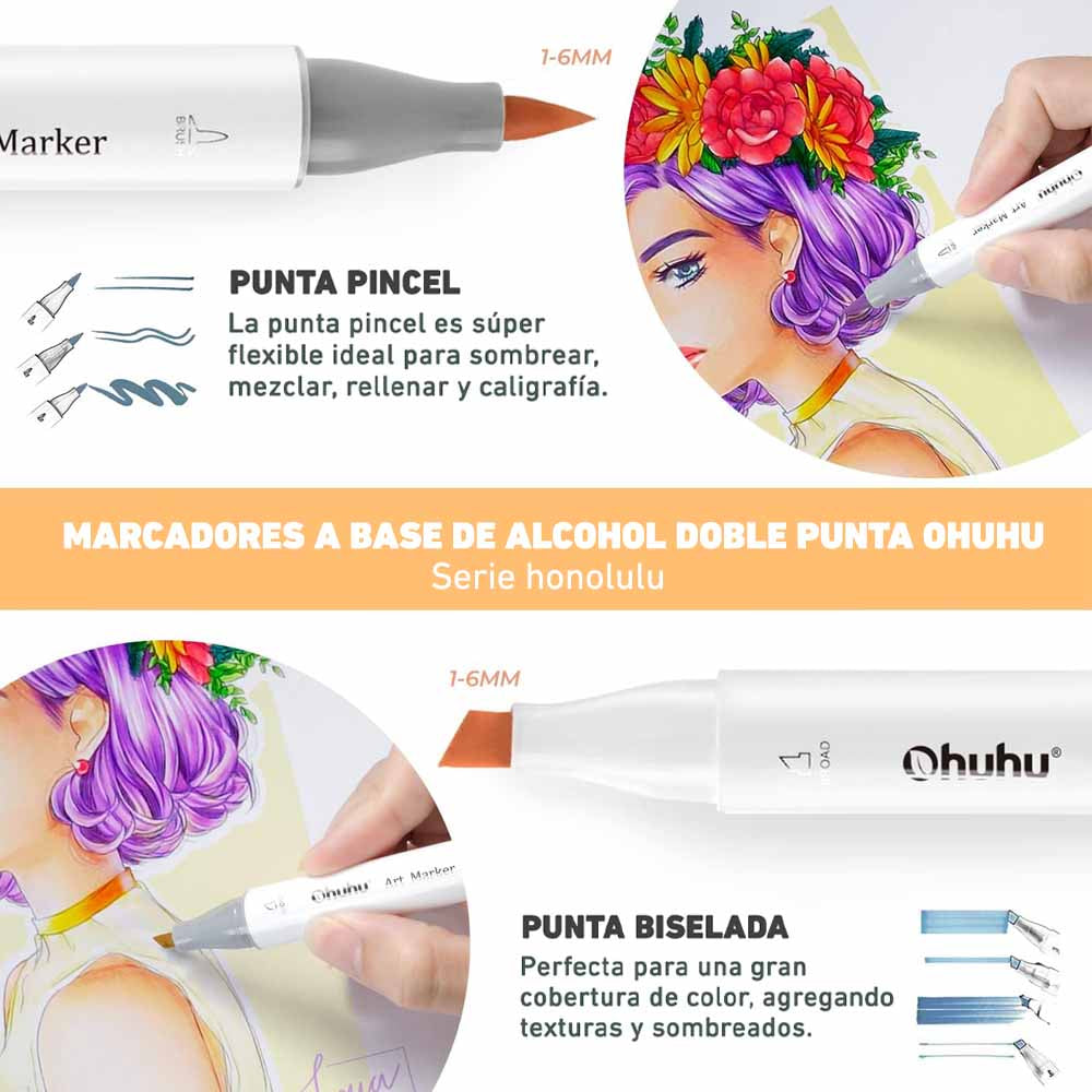 Ohuhu - Set de 48 Marcadores de Alcohol (Tonos Medios) + Blender, Doble Punta Pincel y Biselada